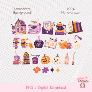 May include: A digital collection of Halloween-themed illustrations featuring a haunted library, a typewriter with text Once upon a midnight read, an envelope with text So Many Books So Little Mortal Time, ghosts, books, pumpkins, a cauldron, and candles.