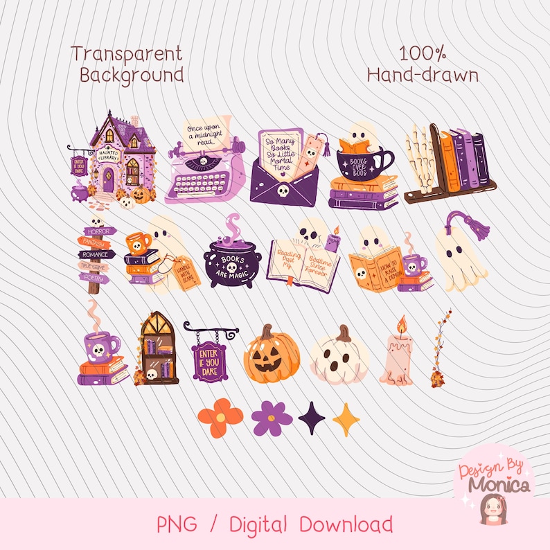 May include: A digital collection of Halloween-themed illustrations featuring a haunted library, a typewriter with text Once upon a midnight read, an envelope with text So Many Books So Little Mortal Time, ghosts, books, pumpkins, a cauldron, and candles.