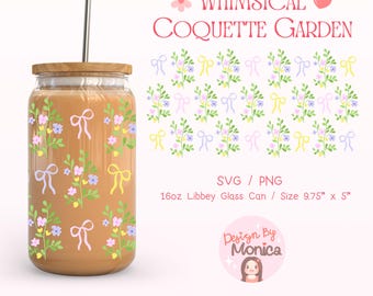 Wunderliche Kokette Garten 16 Unze Libbey Glasdosenverpackung SVG PNG, Kokette Bogen Glasverpackung, Pastellblumenschalenverpackung, Frühlingsblumenglasverpackung