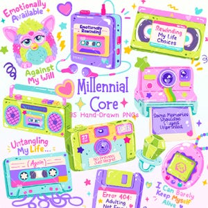 Puede incluir: Una colección de coloridas ilustraciones digitales con objetos nostálgicos de los años 90, incluyendo un Furby, un reproductor de casetes morado, una cinta VHS verde, una cámara instantánea rosa, un radiocasete y una mascota digital.