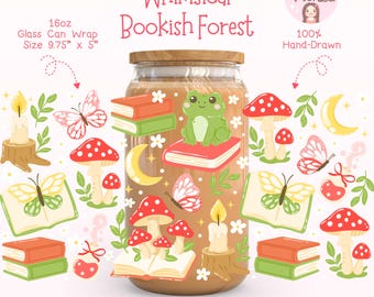 Whimsical Bookish Forest Cup Wrap PNG, Fantasy Cottagecore Glass Can Wrap, Cozy Reading Iced Coffee Wrap, Enchanted Book Lover Gift