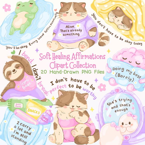 Motivational Quotes Clipart, Mental Health Affirmations PNG Bundle, Self Love Stickers, Emotional Support Quotes, Cute Sublimation Designs