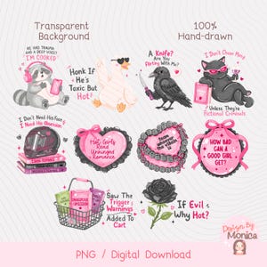 May include: A collection of digital stickers featuring illustrations of a raccoon, a goose, a crow, a cat, a motorcycle helmet, books, heart-shaped cakes, a shopping basket with books, and a black rose, all with various text captions.