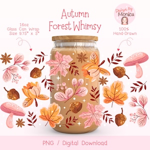 Op de afbeelding: Een digitale download van een 16oz glazen blikwikkel met een grillig herfstbosontwerp. Het ontwerp bevat roze en oranje bladeren, eikels, paddenstoelen en een stervormig patroon. De tekst "Autumn Forest Whimsy" staat bovenaan de afbeelding.