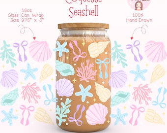 Kokette Muschel Libbey Glasdosenverpackung PNG, Ästhetische Ozeanbecherverpackung, Küstenstrandschalendesign, Pastell-Meerjungfrauen-Trinkbecherverpackung