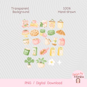 May include: A collection of hand-drawn digital illustrations featuring coffee, pastries, and plants. The image includes text that says "Transparent Background" and "100% Hand-drawn". The illustrations are in soft pastel colors.