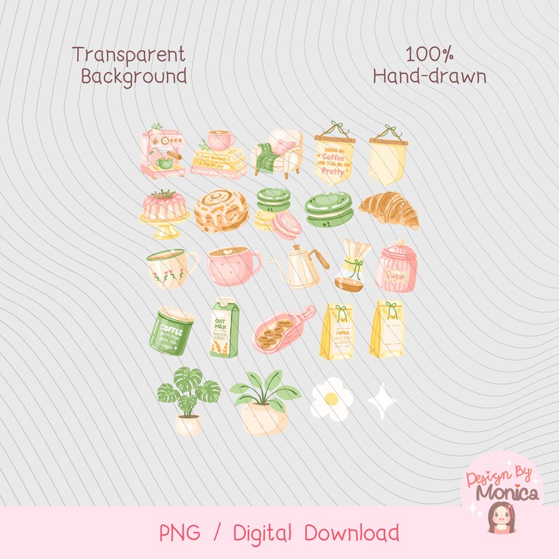May include: A collection of hand-drawn digital illustrations featuring coffee, pastries, and plants. The image includes text that says "Transparent Background" and "100% Hand-drawn". The illustrations are in soft pastel colors.