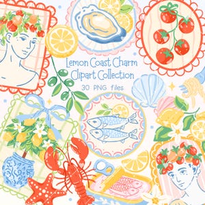 May include: A digital clipart collection titled "Lemon Coast Charm" featuring various illustrations. The images include lemons, seafood, and floral elements, with a color palette of blue, yellow, red, and white. The collection includes 30 PNG files.