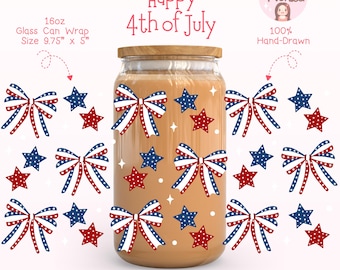 4th of July Glass Can Wrap PNG, Patriotic Sublimation Design, American Tumbler Wrap, Coquette Independence Day Cup Wrap, Patriotic Bows PNG