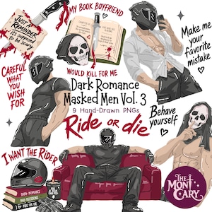 Könnte beinhalten: Eine digitale Sammlung von neun handgezeichneten Illustrationen mit maskierten Figuren, Totenköpfen, Büchern, Messern und Helmen. Die Textelemente umfassen Dark Romance Masked Men Vol. 3, Ride or Die, My Book Boyfriend und weitere Phrasen.