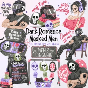 May include: A digital collection of 18 hand-drawn illustrations featuring skulls, motorcycle helmets, knives, roses, and figures in black clothing. Text includes Dark Romance Masked Men, Men's Lingerie, In My Masked Men Era, My Type, Yes Daddy, and Good Girl.