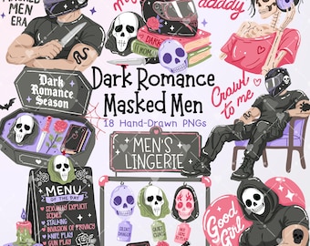 May include: A digital collection of 18 hand-drawn illustrations featuring skulls, motorcycle helmets, knives, roses, and figures in black clothing. Text includes Dark Romance Masked Men, Men's Lingerie, In My Masked Men Era, My Type, Yes Daddy, and Good Girl.