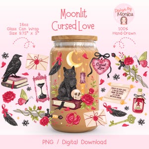 May include: A 16oz glass can wrap with a "Moonlit Cursed Love" design. The wrap features a black cat, skull, roses, and a heart-shaped charm. The design includes a raven, a dagger, and a scroll. The wrap is 24.77 cm x 12.7 cm.