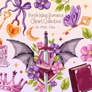 Romantasy leesgrage clipartset, Dragon Wing PNG-bundel, fantasy-romantische kunst, drakenstickers voor boekenliefhebbers