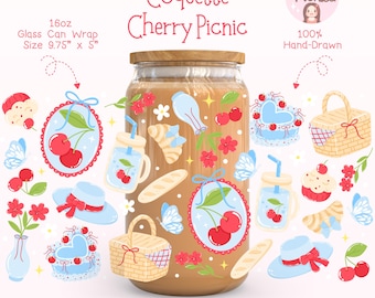 Kokette Kirsch-Picknick-Glasdosenverpackung PNG, Vintage-Ästhetisches Tumbler-Design, niedliche Sommer-Getränkebecherverpackung, Cottagecore Libbey Glasverpackung