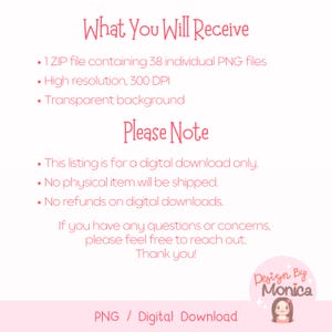 Pode incluir: Gr&aacute;fico de download digital rosa e branco com o texto "O que voc&ecirc; receber&aacute;" e "Observa&ccedil;&atilde;o". A imagem lista detalhes sobre o download digital, incluindo o tipo de arquivo, a resolu&ccedil;&atilde;o e o fundo. A imagem tamb&eacute;m inclui o texto "Design By Monica".