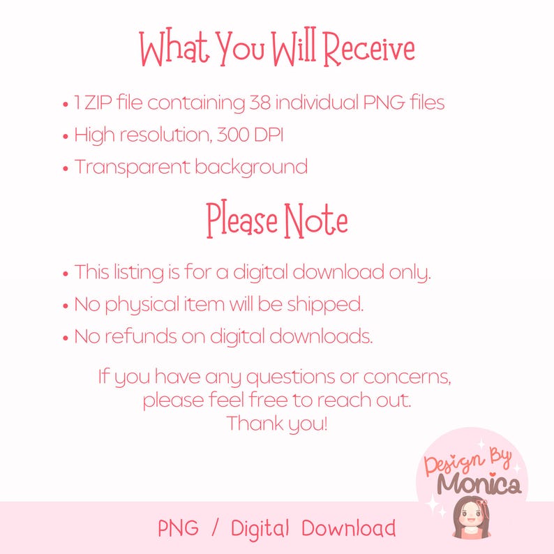 Pode incluir: Gr&aacute;fico de download digital rosa e branco com o texto "O que voc&ecirc; receber&aacute;" e "Observa&ccedil;&atilde;o". A imagem lista detalhes sobre o download digital, incluindo o tipo de arquivo, a resolu&ccedil;&atilde;o e o fundo. A imagem tamb&eacute;m inclui o texto "Design By Monica".