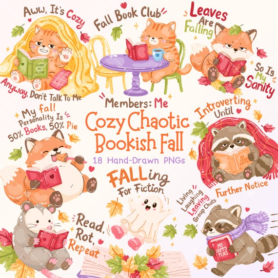 Bookish Fall PNG Bundle, Funny Book Quotes Clipart, Cozy Autumn Reader Stickers, Book Lover Stickers, Fall Reading PNG