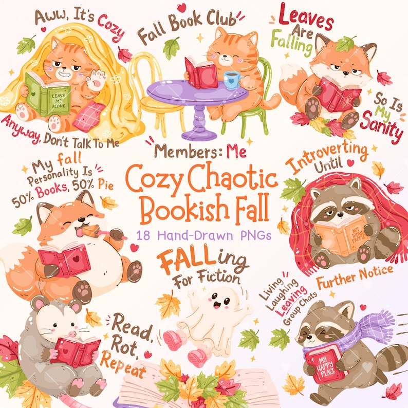 Bookish Fall PNG Bundle, Funny Book Quotes Clipart, Cozy Autumn Reader Stickers, Book Lover Stickers, Fall Reading PNG image 1