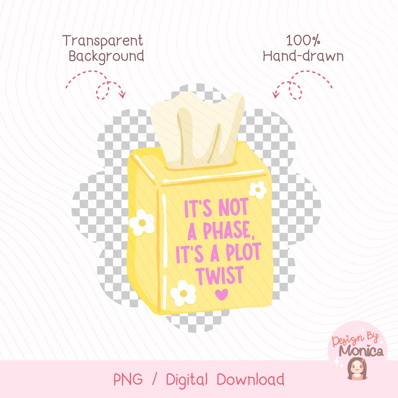 K&ouml;nnte beinhalten: Eine gelbe Taschentuchbox mit dem Text "IT'S NOT A PHASE, IT'S A PLOT TWIST" in Lila. Die Box hat wei&szlig;e Blumen- und Herzakzente. Die Taschentuchbox ist handgezeichnet und hat einen transparenten Hintergrund.