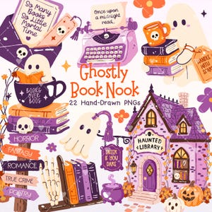May include: A collection of digital illustrations featuring ghosts, books, a haunted library, a typewriter, and signs with text including So Many Books So Little Mortal Time, Books Over Boos, Horror, Fantasy, Romance, True Crime, Poetry, and Enter If You Dare.