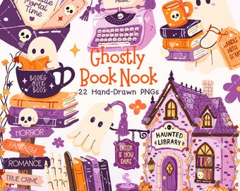 May include: A collection of digital illustrations featuring ghosts, books, a haunted library, a typewriter, and signs with text including So Many Books So Little Mortal Time, Books Over Boos, Horror, Fantasy, Romance, True Crime, Poetry, and Enter If You Dare.