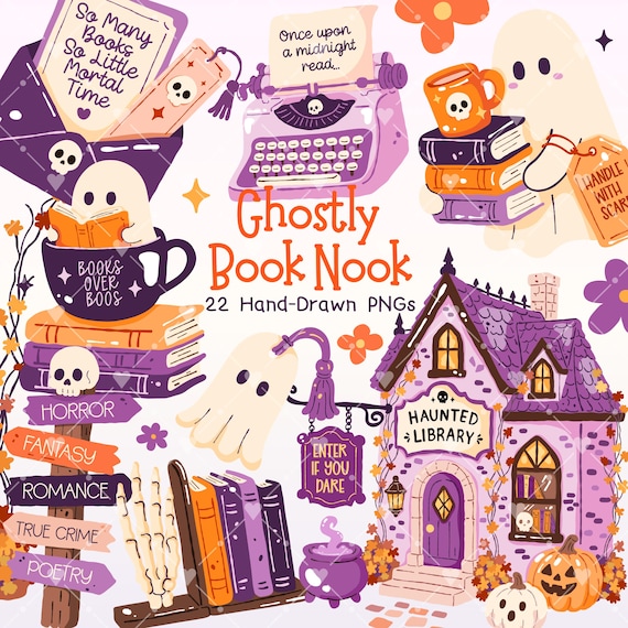 Halloween Library PNG Bundle, Spooky Book Nook Clipart, Bookish Ghost Illustrations, Reading Ghost, Librarian, Library, Bookish Stickers