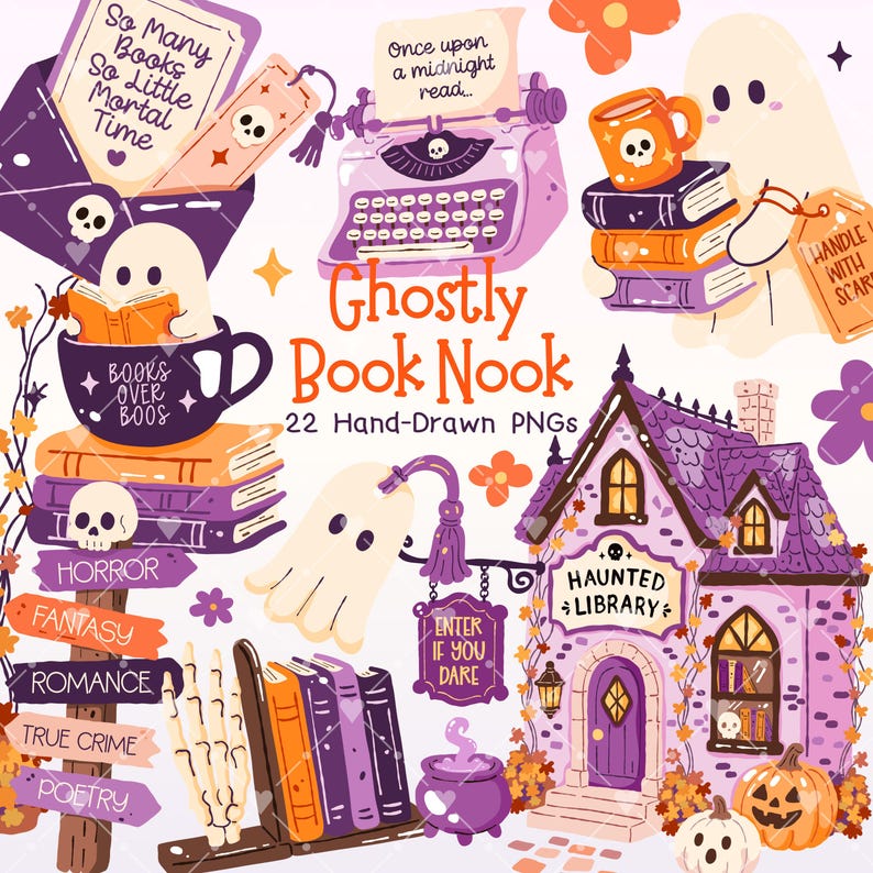 May include: A collection of digital illustrations featuring ghosts, books, a haunted library, a typewriter, and signs with text including So Many Books So Little Mortal Time, Books Over Boos, Horror, Fantasy, Romance, True Crime, Poetry, and Enter If You Dare.