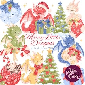 Puede incluir: Un conjunto de ilustraciones digitales con dragones coloridos, árboles de Navidad, adornos, bastones de caramelo y regalos. El texto dice Merry Little Dragons 9 Hand-Drawn PNGs y The Monicary. Los dragones son rojos, verdes, azules y amarillos.