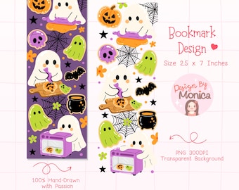 May include: A Halloween-themed bookmark design featuring cartoon ghosts, pumpkins, bats, and cauldrons on a purple background. The text "Bookmark Design" and "Size 2.5 x 7 Inches" are included. The design is 100% hand-drawn.