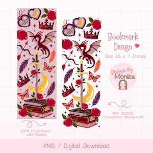 May include: Bookmark design with a dragon, sword, butterflies, roses, and crowns. The design includes the text "The Romantic Verse" and "Bookmark Design". The bookmark is 6.35 cm x 17.78 cm.