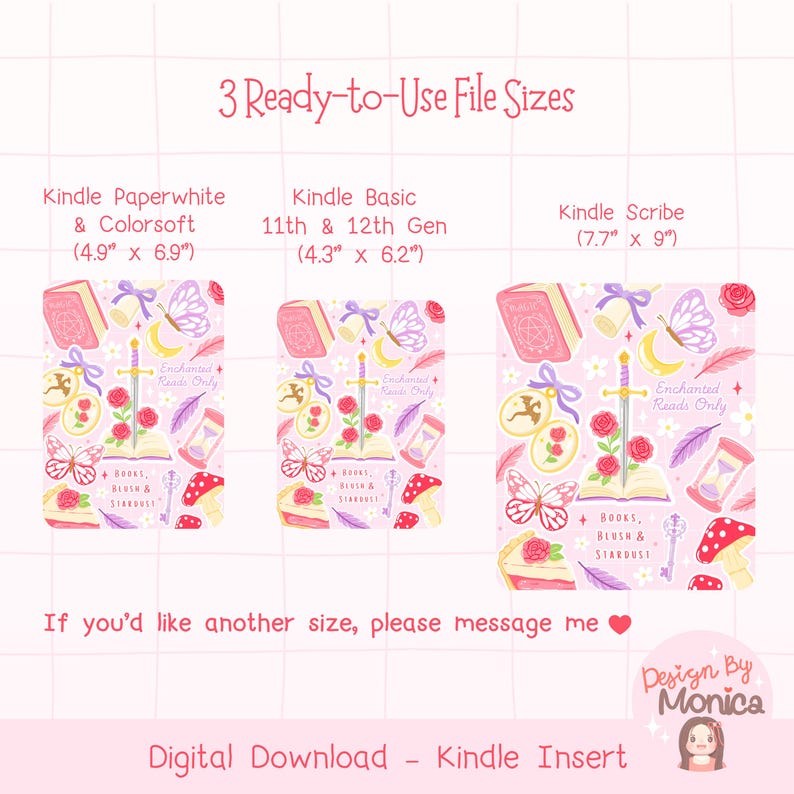 Puede incluir: Descarga digital rosa para insertos Kindle, con tres tama&ntilde;os: Kindle Paperwhite (12,4 cm x 17,5 cm), Kindle Basic (10,9 cm x 15,7 cm) y Kindle Scribe (19,6 cm x 22,9 cm). El dise&ntilde;o incluye libros, mariposas, rosas y el texto "Enchanted Reads Only".
