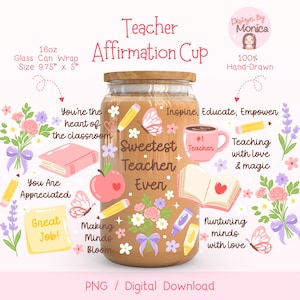 Może przedstawiać: Szklany kubek o pojemności 16 uncji z drewnianą pokrywką, z napisem "Teacher Affirmation Cup". Projekt zawiera ilustracje jabłka, ołówków, kwiatów i słowa "Sweetest Teacher Ever". Kubek ma wymiary 24,77 cm x 12,7 cm.