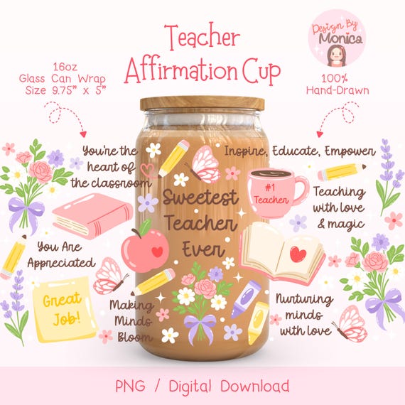 Teacher Affirmation Glass Wrap PNG, Positive Teacher Quotes, Motivational Iced Coffee Cup Design, Daily Reminder, Teacher Appreciation Gift