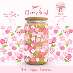 スイートチェリーフローラルカップラップPNG、かわいいピンクのチェリーLibbeyガラス缶ラップ、夏のフルーツタンブラーデザイン、繊細な花柄アイスコーヒーカップラップ