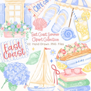 Puede incluir: Ilustración en acuarela con temática de verano en la costa este. Incluye un velero, un sándwich de langosta, limonada, conchas marinas, chanclas y libros. El texto dice "East Coast Summer Clipart Collection" y "Cape Cod".