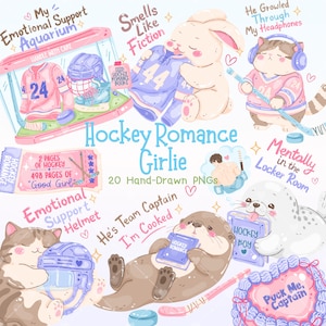 Può includere: Un set di illustrazioni digitali a tema hockey che include un gatto con le cuffie, una lontra che legge un libro, una foca, un coniglio, una maglia da hockey, un casco ed elementi testuali come My Emotional Support Aquarium e Hockey Romance Girlie.