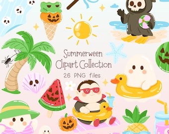 Summerween Clipart Set PNG: Spooky Halloween Beach Ghosts (Digital Download)