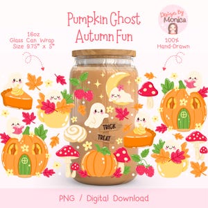 Läskigt söt Halloween-muggomslag PNG, pumpa-spöke-tumblerdesign, kawaii höst-iskaffeomslag, bus-or-godis-höstdryckomslag