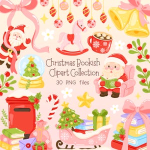 Può includere: Una collezione di clipart a tema natalizio con Babbo Natale, un cavallo a dondolo, una palla di neve e una slitta piena di libri. L'immagine include il testo "Christmas Bookish Clipart Collection" e "30 PNG files."