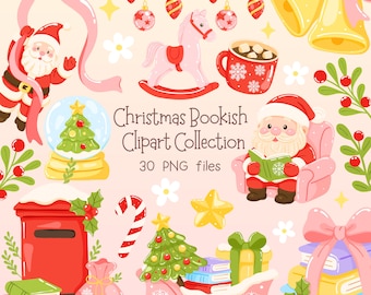 May include: A festive Christmas clipart collection with Santa Claus, a rocking horse, a snow globe, and a sleigh laden with books. The image includes the text "Christmas Bookish Clipart Collection" and "30 PNG files."