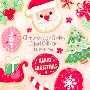 Puede incluir: Una colección de imágenes prediseñadas de galletas de azúcar navideñas. La imagen presenta varias galletas, incluyendo a Santa Claus, un árbol de Navidad, un suéter y un trineo. Las galletas están decoradas con glaseado rojo, verde y blanco. También está presente el texto "Christmas Sugar Cookies Clipart Collection".