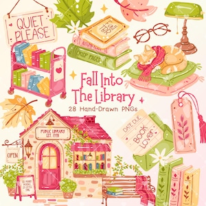 May include: A digital illustration set featuring library-themed elements including a pink book cart, a cat on pillows, a library building, stacks of books with text like Fall TBR, and a sign that reads Quiet Please and Fall Into The Library.