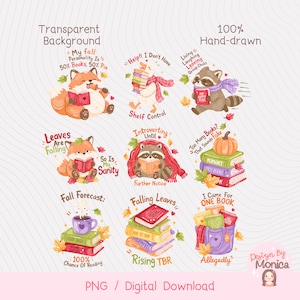Bookish Fall PNG Bundle, Funny Book Quotes Clipart, Cozy Autumn Reader Stickers, Book Lover Stickers, Fall Reading PNG image 3