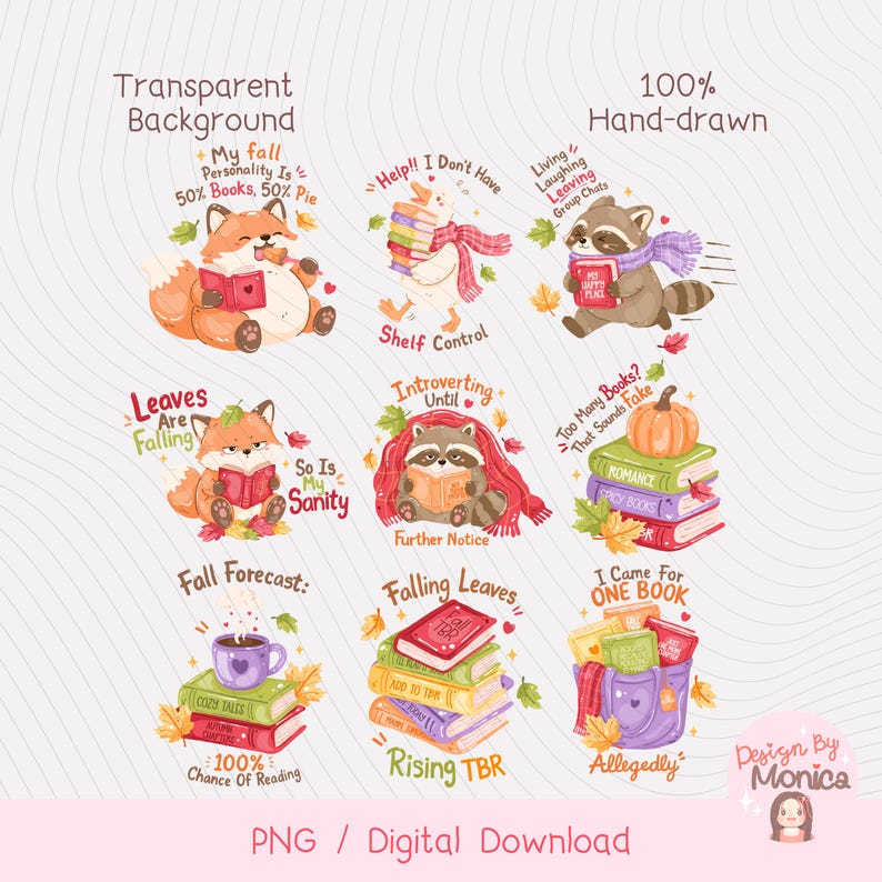 Bookish Fall PNG Bundle, Funny Book Quotes Clipart, Cozy Autumn Reader Stickers, Book Lover Stickers, Fall Reading PNG image 3