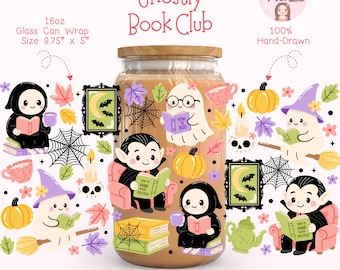 Bookish Ghost Cup Wrap PNG, Spooky Halloween Libbey Glass Can Wrap, Cozy Reading Iced Coffee Wrap, Cute Ghost Book Lover Gift