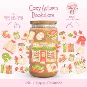 Op de afbeelding: Een 16oz glazen can wrap ontwerp getiteld Cozy Autumn Bookstore met handgetekende illustraties van pompoenen, boeken, truien, sjaals, koffiebekers en taartpunten. De centrale afbeelding toont een boekwinkel met een rode deur.