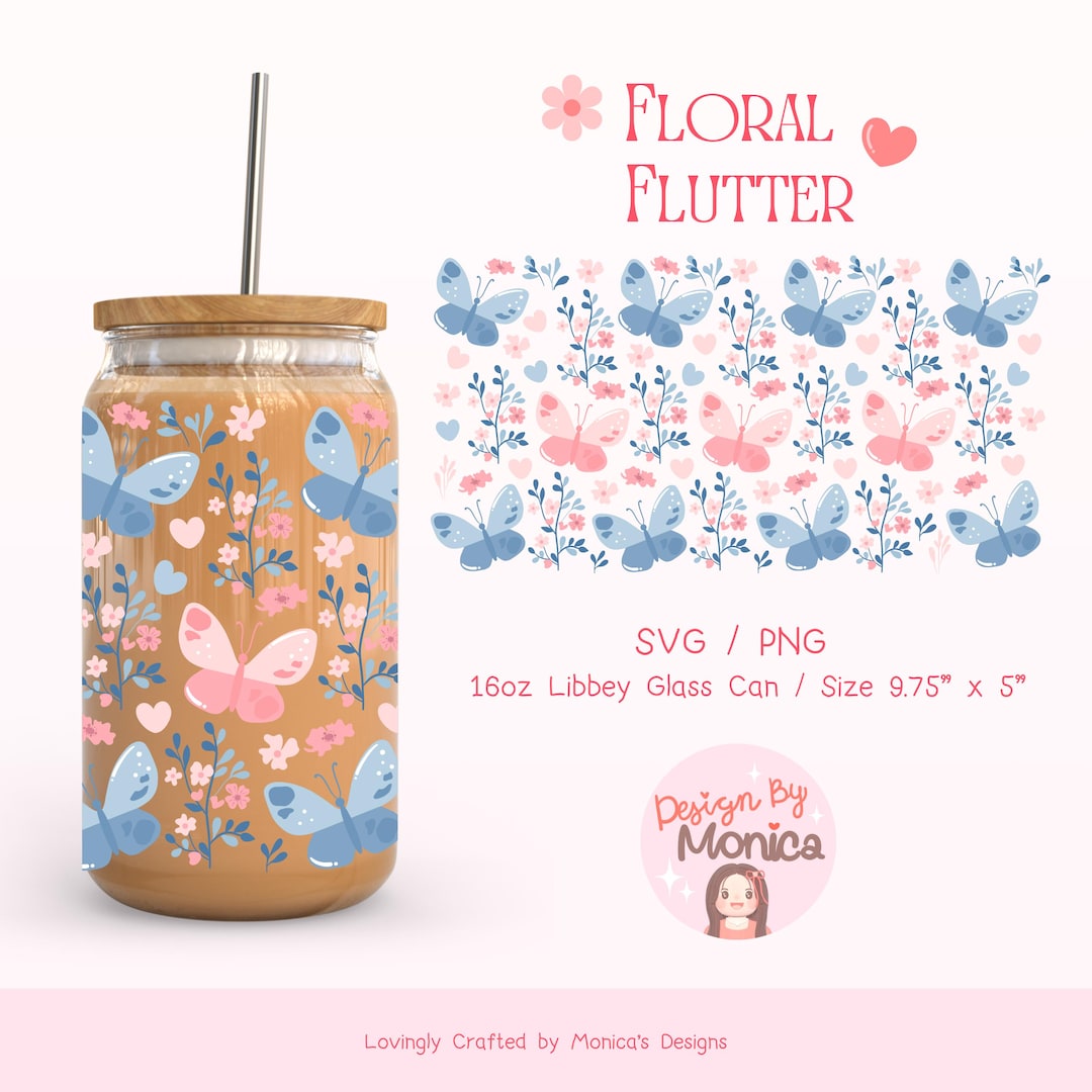 Floral Flutter 16oz Libbey Glass Can Wrap SVG PNG, Spring Floral Glass ...