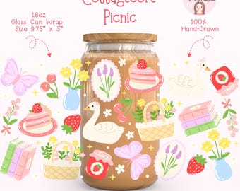 Cottagecore Picknick Estetisk Libbey Glasburkomslag PNG, Vintage Blommig Tumbleromslag, Flickigt Pastell Muggomslag, Farmhouse Picknick Boho Muggdesign