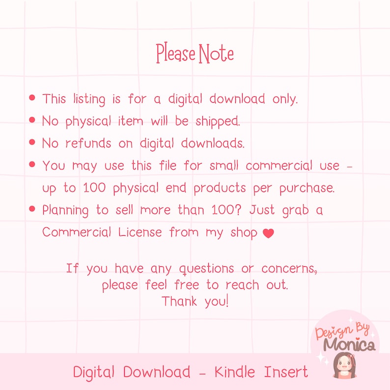 Puede incluir: Gr&aacute;fico de descarga digital rosa con el texto "Please Note" en la parte superior. El texto explica que el anuncio es para una descarga digital, no se enviar&aacute; ning&uacute;n art&iacute;culo f&iacute;sico y no hay reembolsos. Tambi&eacute;n detalla los t&eacute;rminos de uso comercial. La parte inferior dice "Digital Download - Kindle Insert."